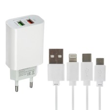 Set for charging 3 in 1 Luazon UC-14, SZU 2xUSB, 2A, MicroUSB/Type-C/Lightning, White