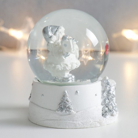 Souvenir Polystone Water Ball "Santa Claus with a gift" White with silver 7x6.7x8.8 cm-1