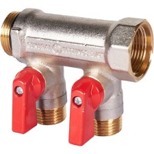 Коллектор STOUT SMB 6210 341202, 1/2", 2 выхода, с шаровыми кранами 3/4", красные ручки