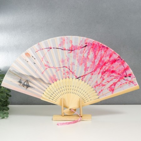 Fan bamboo, textiles h = 23 cm "boat under sakura" pink, with a brush