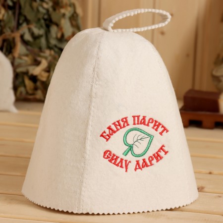 A cap for a bath and sauna with embroidery "Bath soar, gives strength!"