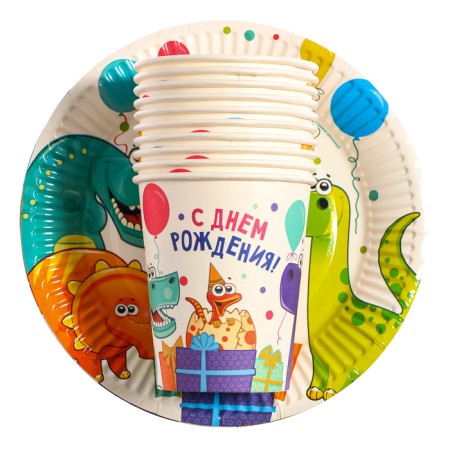 A set of paper utensils "Dinosaurics", 10 glasses, 10 plates-1