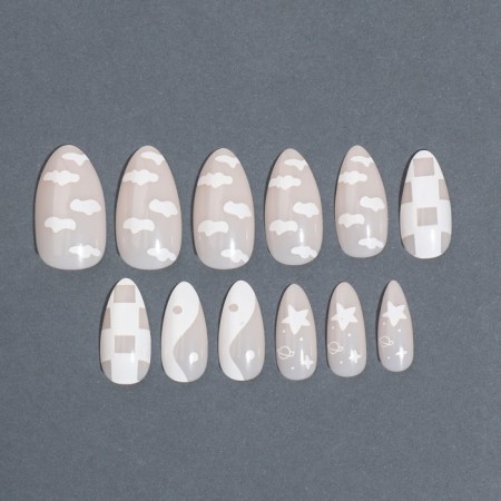 Nude overhead nails, 12 pcs, with adhesive plates, almond shape, beige/white color-4