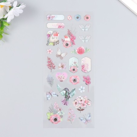 Plastic sticker "Birds and flowers" with silver stroke 10x27 cm-1