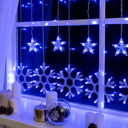 Garland “fringe” 2.4 × 0.9 m with nozzles “snowflakes”, ip20, transparent thread, 150 LED, glow blue, 8 modes, 220 V