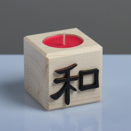 A candle in a wooden candlestick "Cube, hieroglyphs. Harmony", Cherry aroma