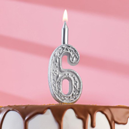 Candle for cake the number "Silver Pattern", 10.2 cm, number "6"