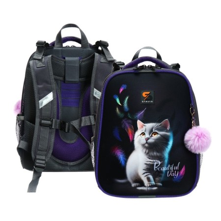 School backpack 38 x 30 x 16 cm, ergonomic back, stavia "cat and feathers", blue