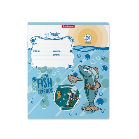 Notebook 24 sheets in the Erichkrause Fish Story cage, cover coated cardboard, offset block, whiteness 100% whiteness, mix-3