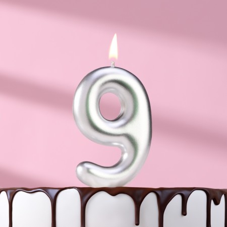Candle in the Cake "European", number "9", 6 cm, silver