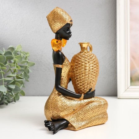 African Polystone souvenir sits with a wicker jug ​​"gold 23x13.5x10.3 cm-1