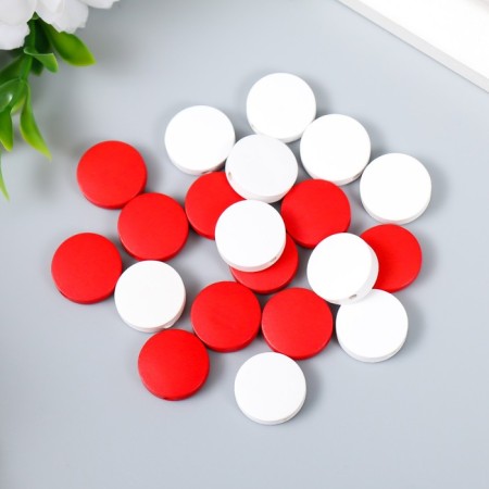 Beads for creativity wood "flat circle" set of 20 pcs white, red 0.4x1.5x1.5 cm