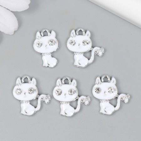Decor for creativity metal, enamel, rhinestone "White cat" 2x1.7 cm-1