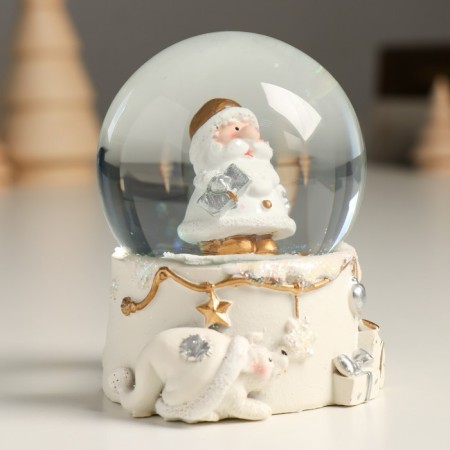 Souvenir Polystone Water Ball "Santa Claus with a gift" White with gold 7x8x9 cm-1
