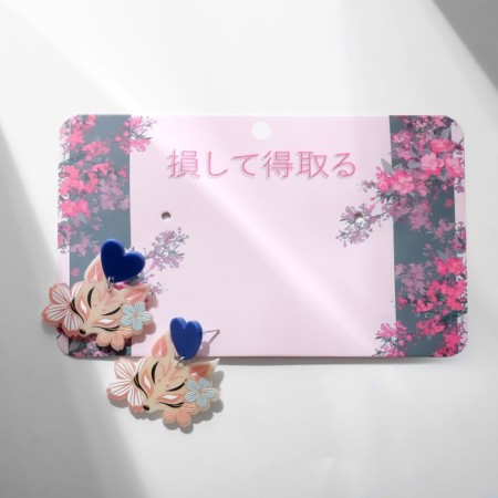 Earrings "Japan" a fox with flowers, colored in silver-2