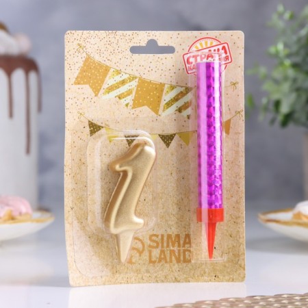 Свеча для торта цифра "1", "Овал + фонтан" золотая-4