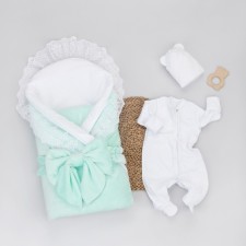 Kinderlitto “Bristol” discharge, 5 items: blanket, diaper, jumpsuit-slip, cap, bow, demi-season, height 50-56 cm, mint color