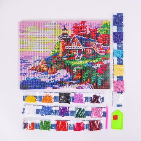Diamond mosaic with a complete filling on the subframe "House by the Sea", 30 x 40 cm-2