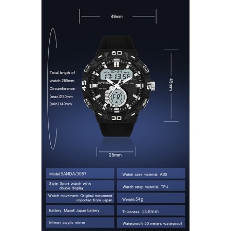 Electronic watch watches, D-4.9 cm, alarm clock, Caledar, silicone strap, black-2