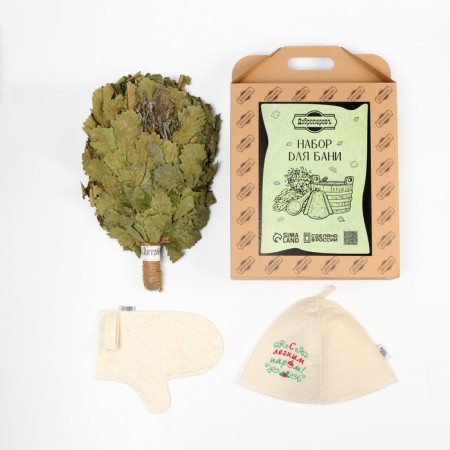 3B1 bath set (hat "With a light steam!", Oak broom with a winding with herbs, mitten)-2
