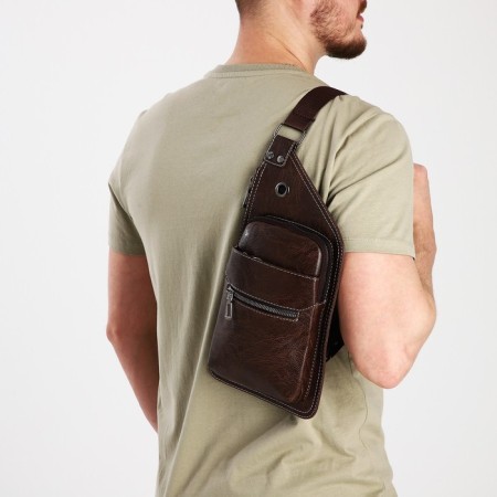 Male sling bag made of artificial leather, brown color