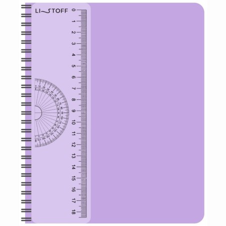 Notebook A5-80 sheets in a cage, on a crest, a plastic cover, a removable ruler of transparent plastic, lavender