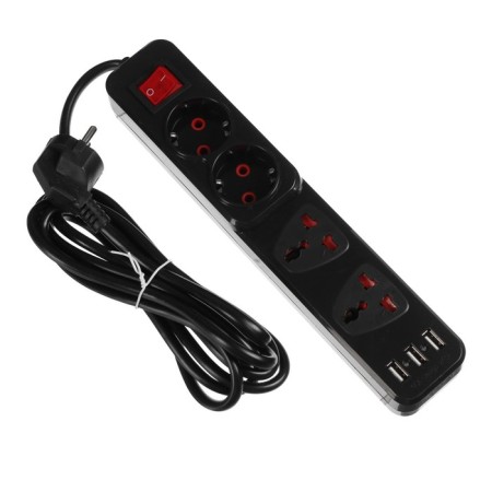 Extension cord Luazon Lighting, 2 euros+2 univ., 3 m, 2200W, 2x0.75 mm2, 3xUSB, with a switch, black-1