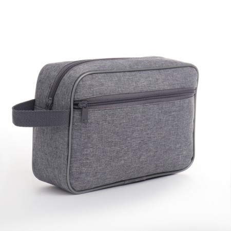 Cosmetic bag on a zipper, with a lining, external pocket, gray color