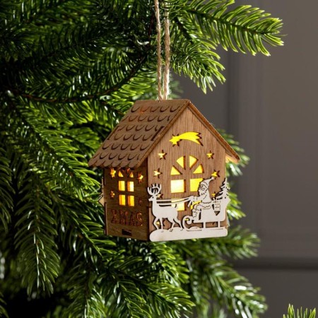 Christmas tree toy "House with Santa Claus on the sled", from batteries, glow warm white