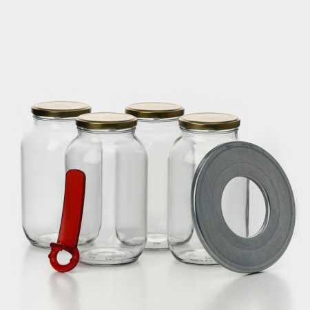 Knezing set, cans with a golden lid and label, TO-82 mm, 1.5 l, sterilizer, opener-1