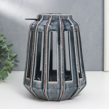 Ceramics candlestick for 1 candle "Lantern with cuts" Gray 19x14x14 cm-1