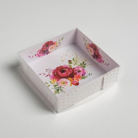Confectionery packaging, boxing box with PVC lid, "flowers", 12 x 12 x 3 cm-1