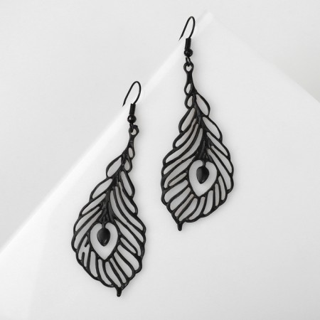 Earrings hanging "feathers" peacock, black matte color, 7.5 cm-1