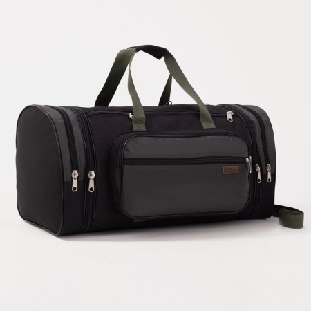 Road bag on a zipper, with an increase, 3 outer pockets, a long belt, black color/hack