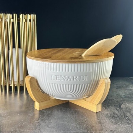 Lenardi bamboo salad bowl, on a stand, with a lid and kitchen accessories, d = 24.5 cm, 5 items