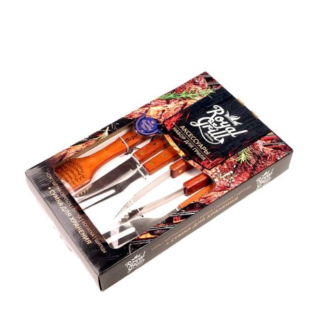 A set of accessories for grill, 5 items, bag: fork, spatula, tongs, brush-slide, knife