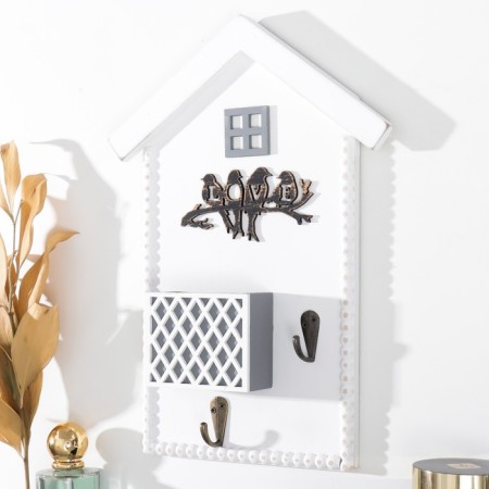 Keywood tree 2 hook "House - Birds on the branch" White 4x20x30 cm-1