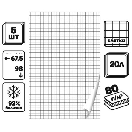 Set of notebooks 5 pieces for flipchart, 67.5 x 98 cm, 20 sheets in a cage, 92%, 80 g/m2, calligrata-1