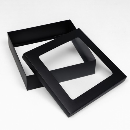 The box is folding, the lid is, black, with a window 30 x 30 x 8 cm-3