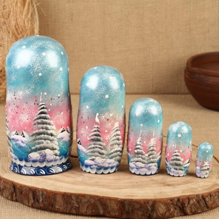 Nesting doll "Winter", Blue, 5 puppet, suite-11