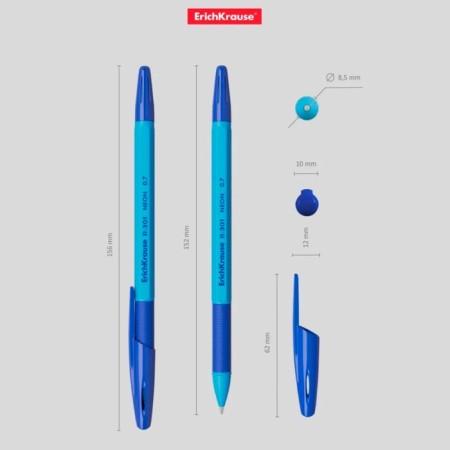 Ballpoint handle Erichkrause R-301 Neon Stick & Grip, Node 0.7 mm, blue ink, rubber emphasis, LECTION Line 2000 meters, MIX-4
