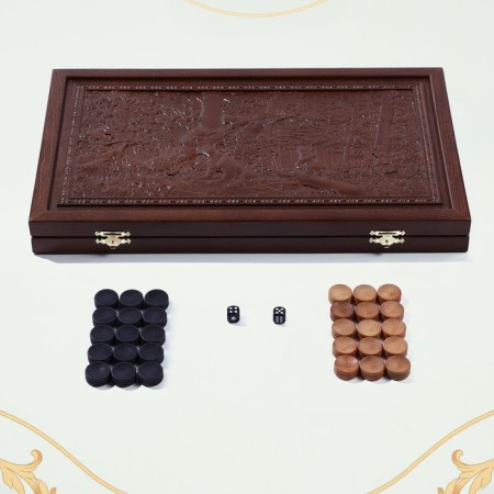 Carved backgammon "Bears in the Forest", a board of the beech array, patina, 50 x 58 cm