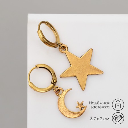 Earrings "Night" crescent and stars, color black gold