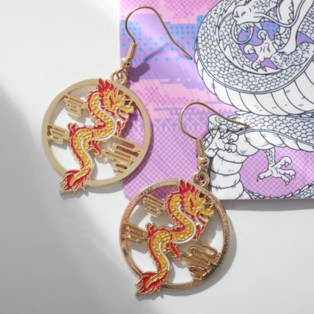 Earrings Assorted "Japan" wriggling dragons, red-yellow color in gold-1
