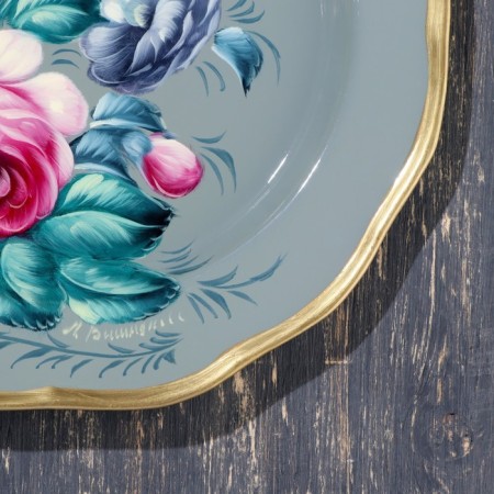 Zhostovsky tray "Multi-colored roses", dark gray, round, D = 17 cm-1