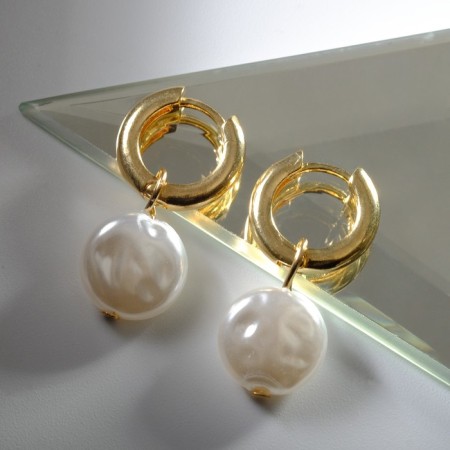 Earrings with the removable element "Transformer" pearl disk, white color in gold