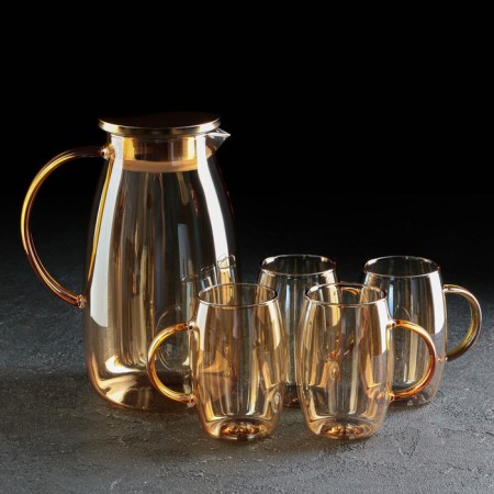 Magistro Golden Glass Set for Drinks, 5 objects: Bench 1.8 liters, 4 circles 300 ml, Golden color-1