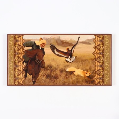 Neds "Hunting with a golden eagle", a wooden board 60 x 60 cm, with a field for playing checkers
