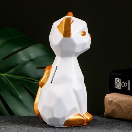 Piggy bank "Geometric cat" white/gold, 19cm-1