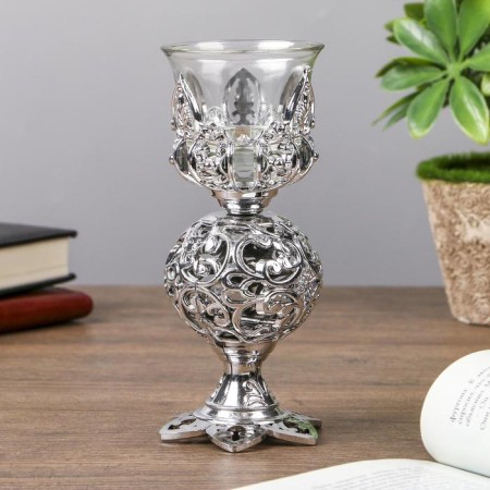 Climber Plastic, glass for 1 candle "openwork ball" glass on the leg silver 15x6x6 cm-3